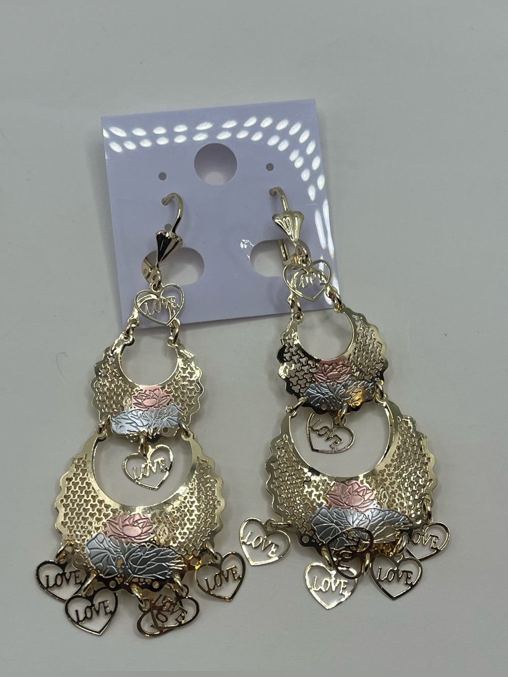 Gold filled 3 Tone Floral Heart Drop Earrings - Women Jewelry
